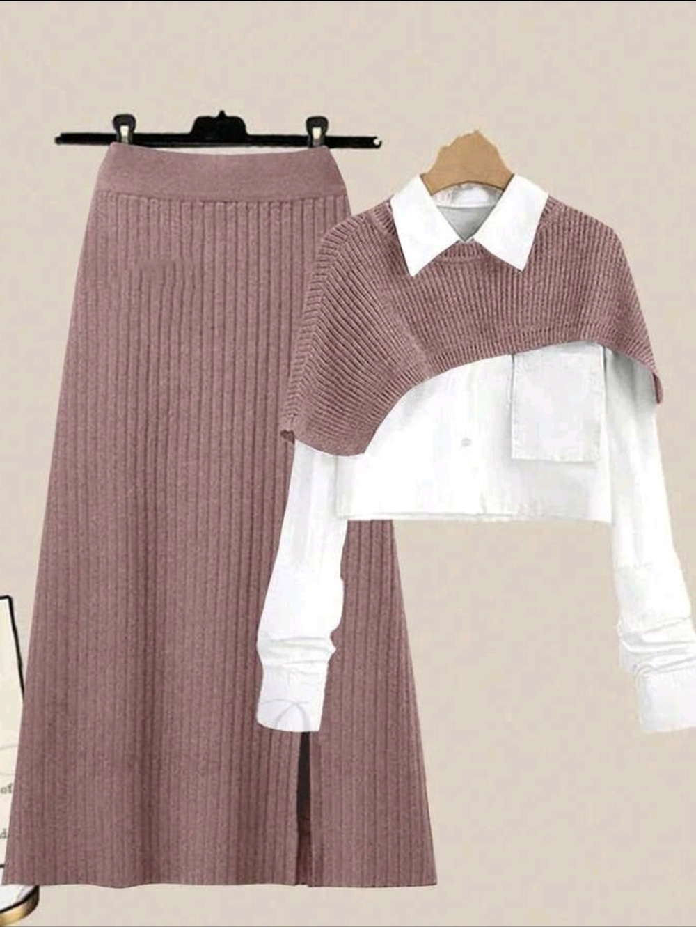 Women's Solid Color Round Neck Asymmetric Hem Shawl Collar Knit Top And Skirt